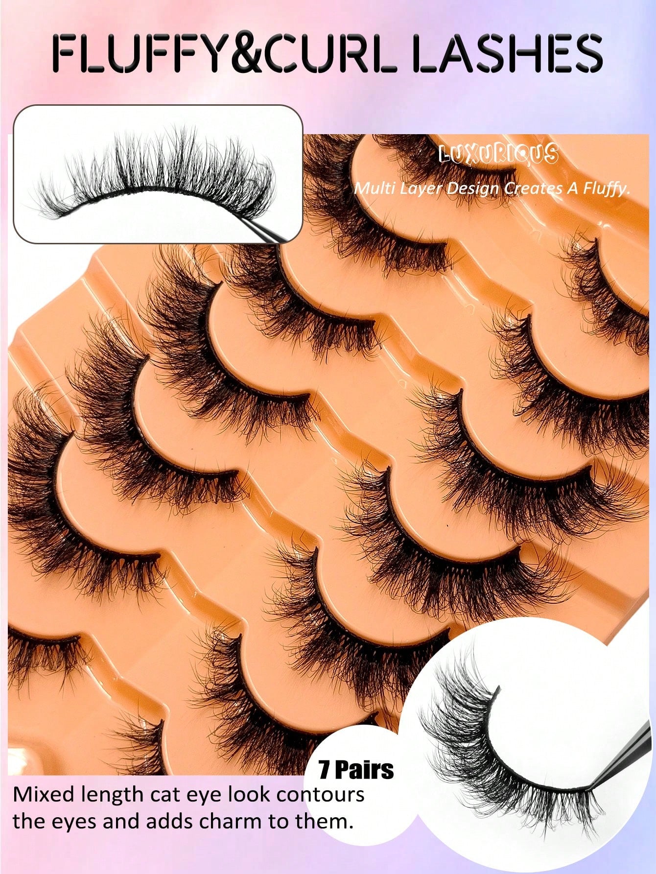 Asiteo 7 Pairs Super Soft Cat Eye Shaped Lashes, Thick Curled Elongated Lashes, 6D Fluffy Curled Natural Long Faux Mink False Eyelashes
