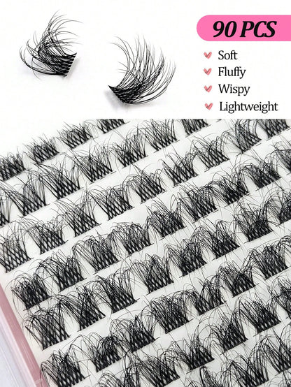 Asiteo 90pcs D-Curl Fluffy & Thick Segmented False Eyelashes, Natural Look Daily Makeup Fake Lashes, Eyelash Clusters, Individual False Eyelashes