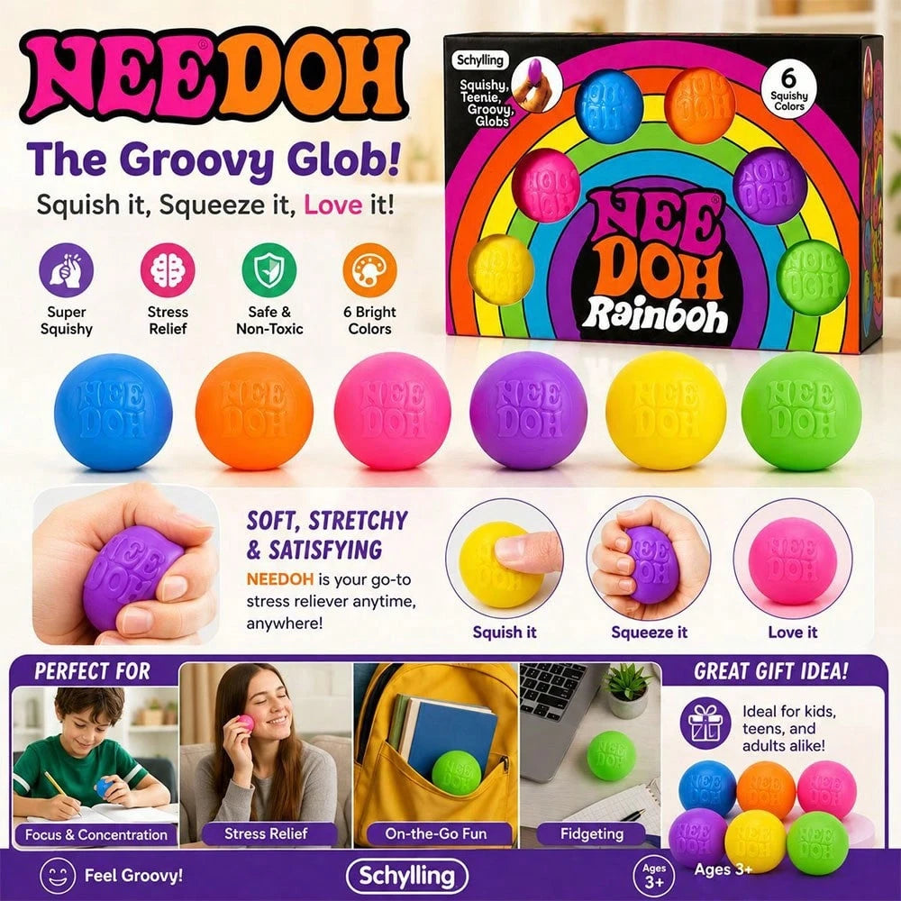 asmodee 6pcs/Box Schylling NeeDoh Stress Relief Squeeze Toys, Decompression Toys, Suitable For Office Relaxation/Home Entertainment, Affordable, Fun, Great Choice For Graduation Gifts, Wedding Gifts
