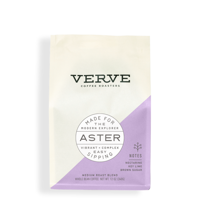 Verve Aster coffee bag with bold Verve logo and a purple corner panel featuring the Aster badge