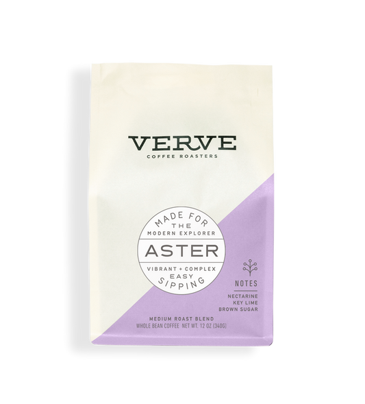 Verve Aster coffee bag with bold Verve logo and a purple corner panel featuring the Aster badge