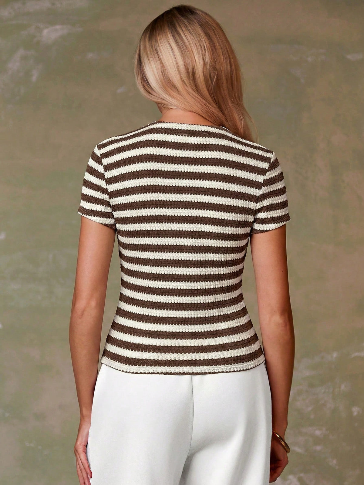 Athîral Women's Striped Short Sleeve Single-Breasted Casual Top, Striped Knit Top Women, Retro Clothes Women, Striped Shirt Women,Summer Top