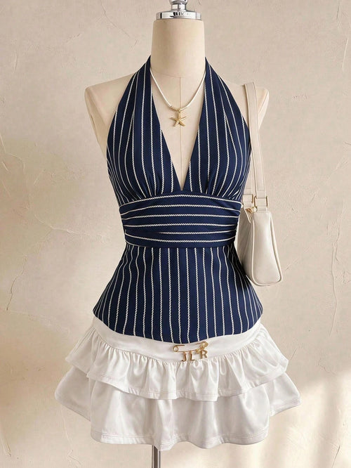 Attitoon Halter Neck Deep V-Neck Waist-Defining A-Line Backless Tank Top, Old Money Style, Casual Minimalist Retro Punk Y2K Versatile Party, Navy Blue Striped Print Pattern Top, Outing Wear, Summer