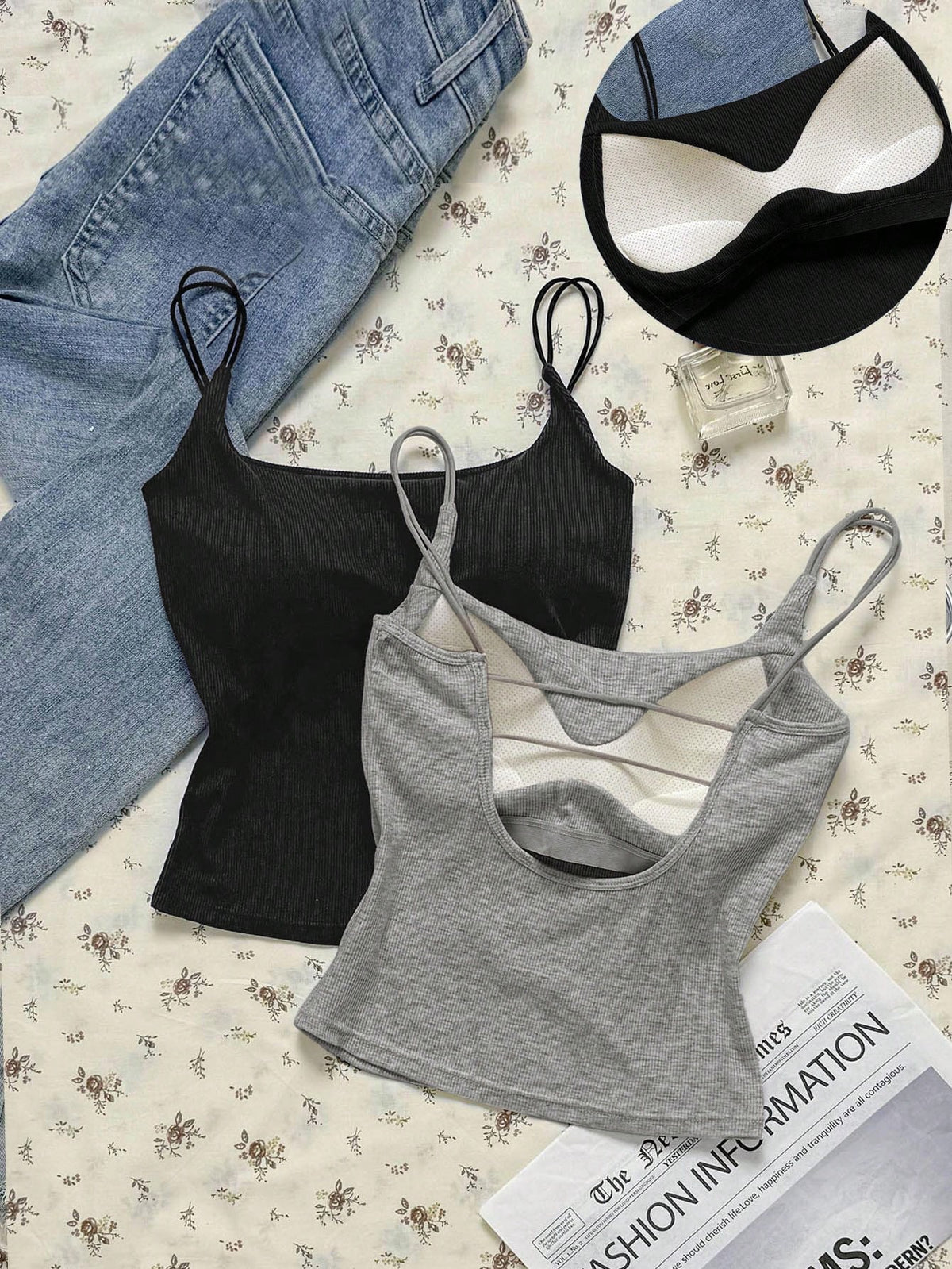 Attitoon Summer Casual Versatile Solid Color Camisole With Padded Bra Cami Tops Summer Tops Ribbed Tank Tops