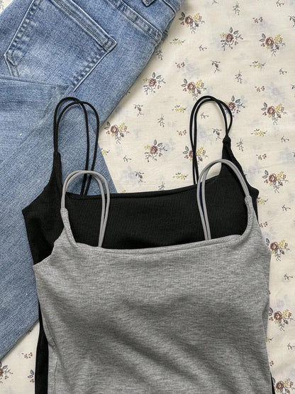 Attitoon Summer Casual Versatile Solid Color Camisole With Padded Bra Cami Tops Summer Tops Ribbed Tank Tops