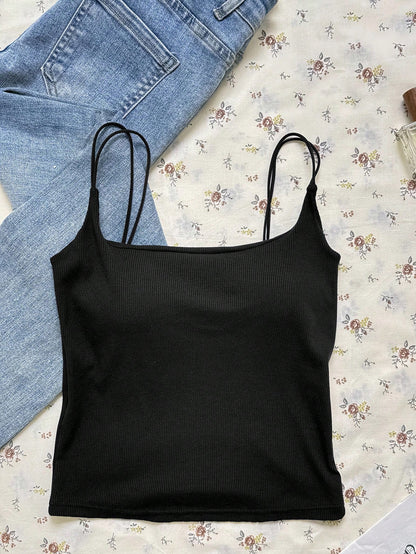 Attitoon Summer Casual Versatile Solid Color Camisole With Padded Bra Cami Tops Summer Tops Ribbed Tank Tops