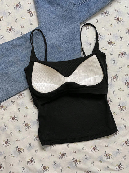 Attitoon Summer Casual Versatile Solid Color Camisole With Padded Bra Cami Tops Summer Tops Ribbed Tank Tops
