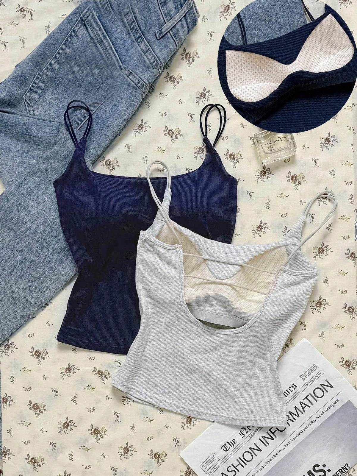 Attitoon Summer Casual Versatile Solid Color Camisole With Padded Bra Cami Tops Summer Tops Ribbed Tank Tops