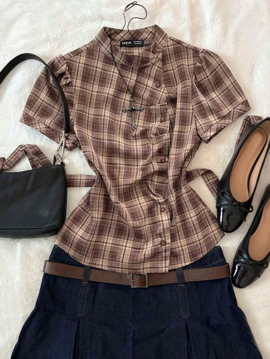 Attitoon Women's Brown Plaid,Autumn,90s Retro,School,Back-To-School Casual Retro Punk Y2K Plaid Button Shirt,Gothic Short Sleeve Tie-Up Blouse Music Festival