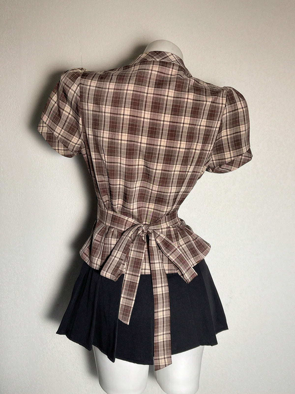 Attitoon Women's Brown Plaid,Autumn,90s Retro,School,Back-To-School Casual Retro Punk Y2K Plaid Button Shirt,Gothic Short Sleeve Tie-Up Blouse Music Festival