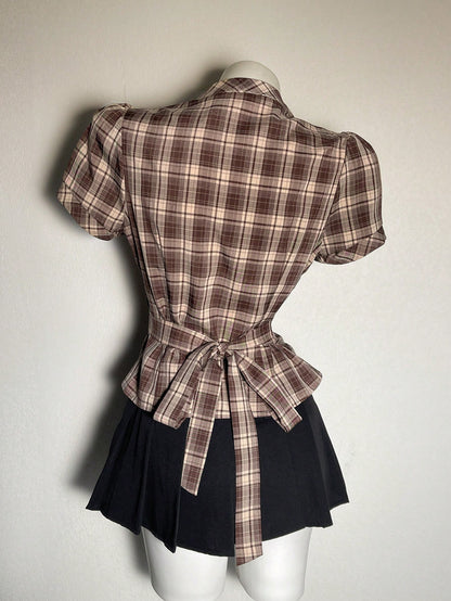 Attitoon Women's Brown Plaid,Autumn,90s Retro,School,Back-To-School Casual Retro Punk Y2K Plaid Button Shirt,Gothic Short Sleeve Tie-Up Blouse Music Festival