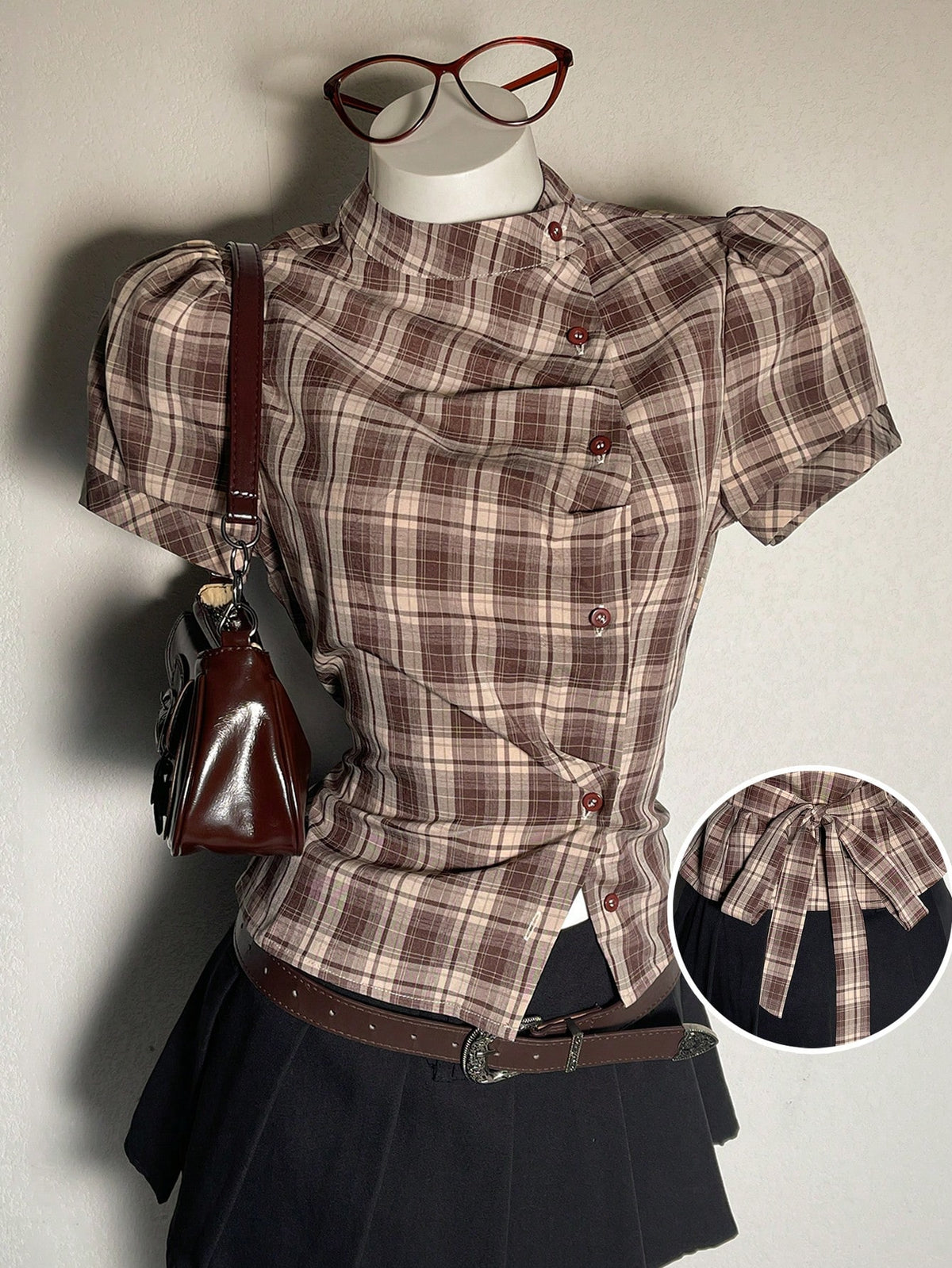 Attitoon Women's Brown Plaid,Autumn,90s Retro,School,Back-To-School Casual Retro Punk Y2K Plaid Button Shirt,Gothic Short Sleeve Tie-Up Blouse Music Festival