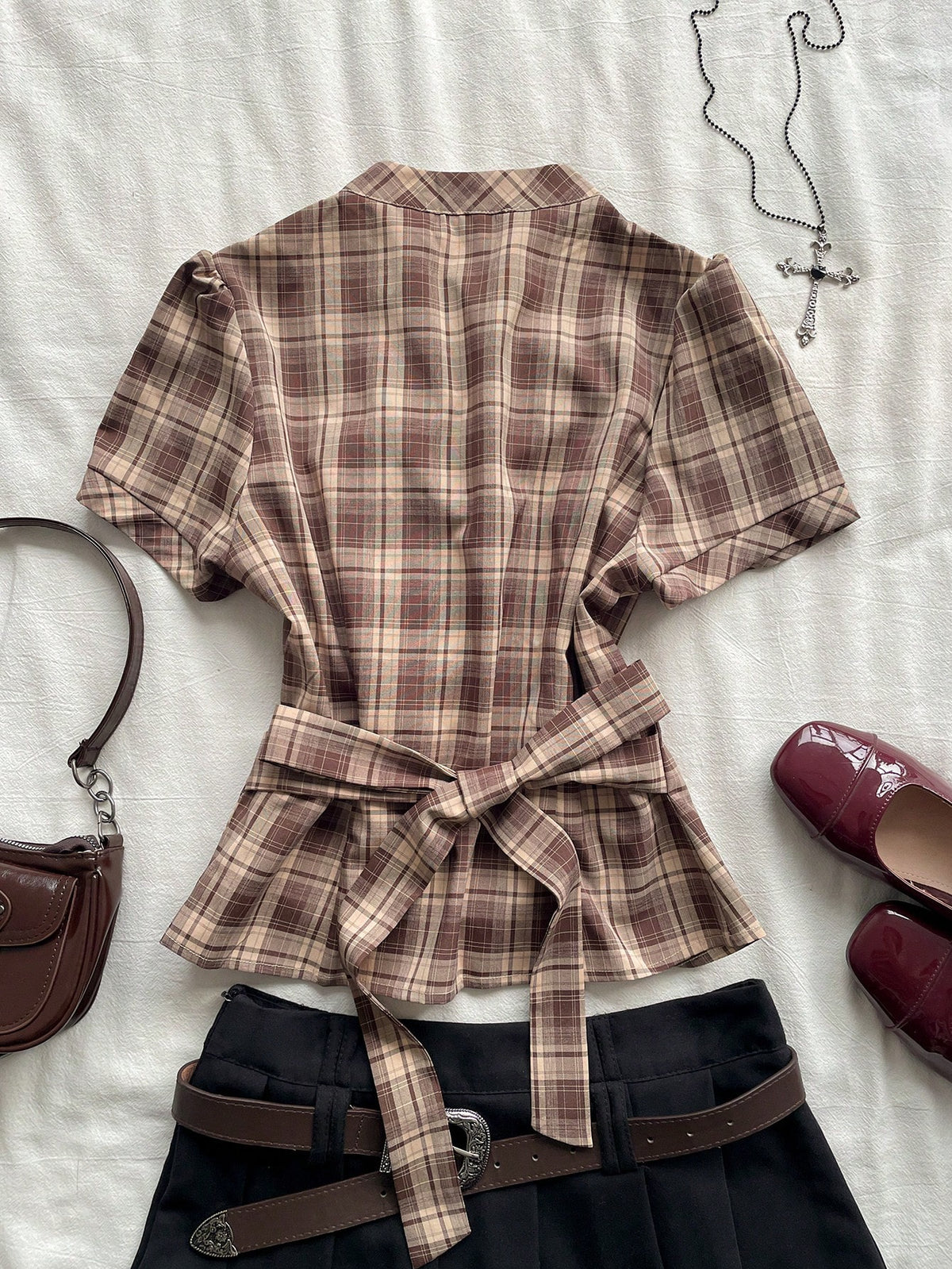 Attitoon Women's Brown Plaid,Autumn,90s Retro,School,Back-To-School Casual Retro Punk Y2K Plaid Button Shirt,Gothic Short Sleeve Tie-Up Blouse Music Festival