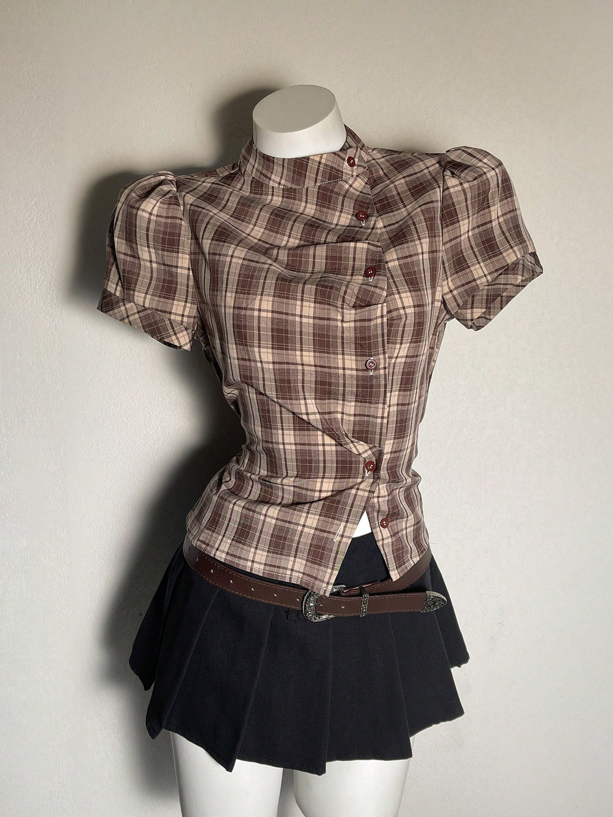 Attitoon Women's Brown Plaid,Autumn,90s Retro,School,Back-To-School Casual Retro Punk Y2K Plaid Button Shirt,Gothic Short Sleeve Tie-Up Blouse Music Festival