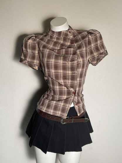 Attitoon Women's Brown Plaid,Autumn,90s Retro,School,Back-To-School Casual Retro Punk Y2K Plaid Button Shirt,Gothic Short Sleeve Tie-Up Blouse Music Festival