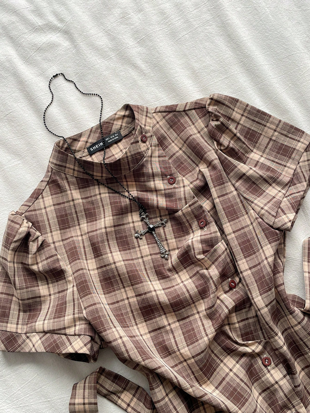 Attitoon Women's Brown Plaid,Autumn,90s Retro,School,Back-To-School Casual Retro Punk Y2K Plaid Button Shirt,Gothic Short Sleeve Tie-Up Blouse Music Festival