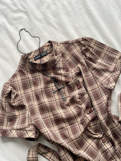 Attitoon Women's Brown Plaid,Autumn,90s Retro,School,Back-To-School Casual Retro Punk Y2K Plaid Button Shirt,Gothic Short Sleeve Tie-Up Blouse Music Festival