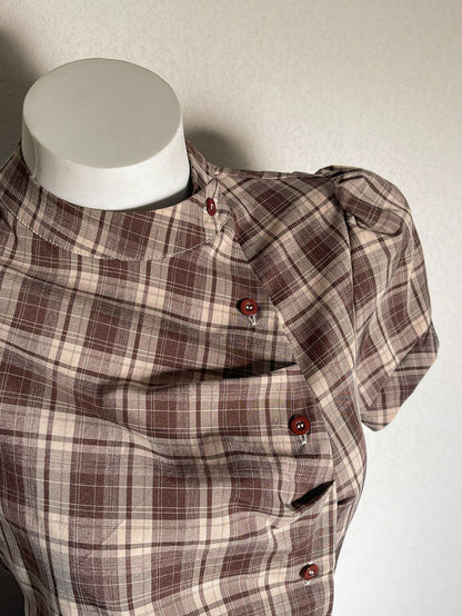 Attitoon Women's Brown Plaid,Autumn,90s Retro,School,Back-To-School Casual Retro Punk Y2K Plaid Button Shirt,Gothic Short Sleeve Tie-Up Blouse Music Festival