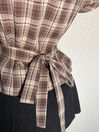 Attitoon Women's Brown Plaid,Autumn,90s Retro,School,Back-To-School Casual Retro Punk Y2K Plaid Button Shirt,Gothic Short Sleeve Tie-Up Blouse Music Festival