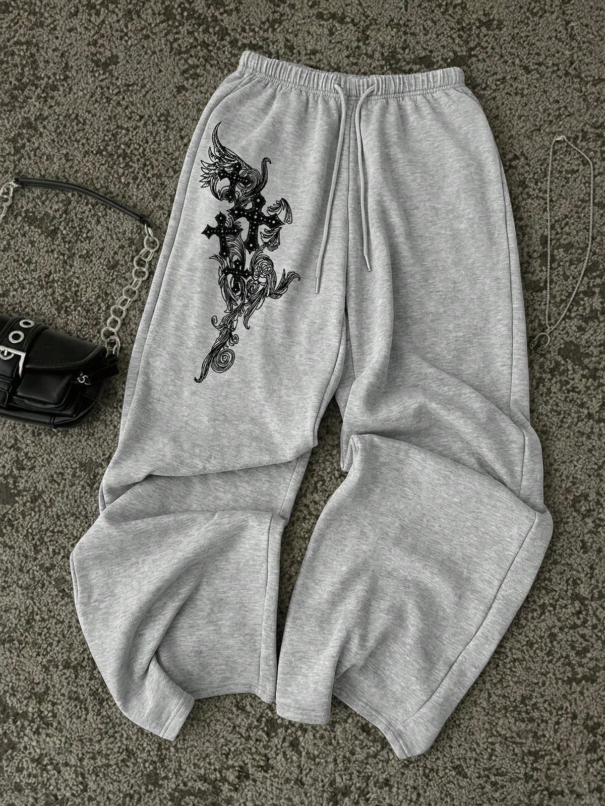 Attitoon Women's Grey Winter Goth Date Sweatpants,Black Cross Floral Print Y2K Punk Casual Vintage Front Tie Loose Wide Leg Comfortable Warm Trousers