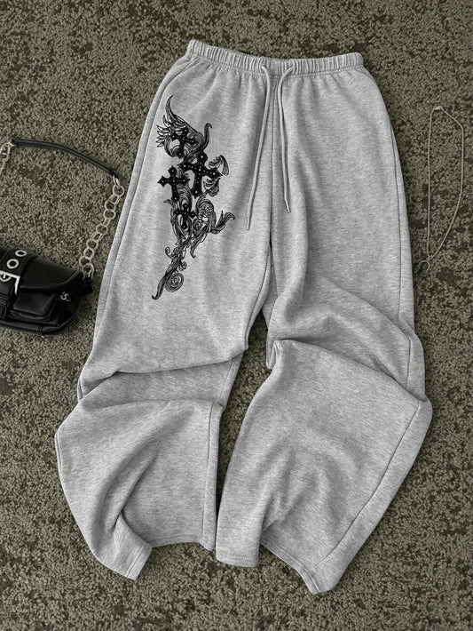 Attitoon Women's Grey Winter Goth Date Sweatpants,Black Cross Floral Print Y2K Punk Casual Vintage Front Tie Loose Wide Leg Comfortable Warm Trousers