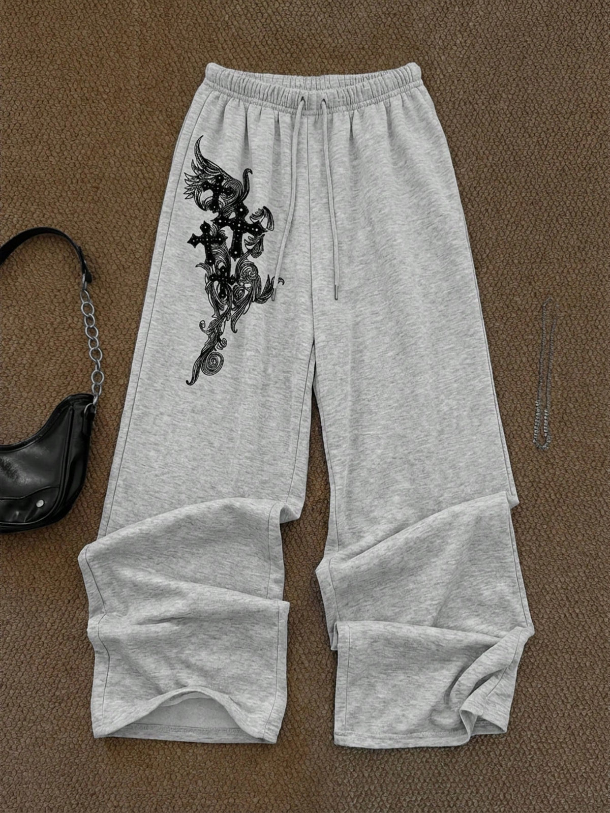 Attitoon Women's Grey Winter Goth Date Sweatpants,Black Cross Floral Print Y2K Punk Casual Vintage Front Tie Loose Wide Leg Comfortable Warm Trousers