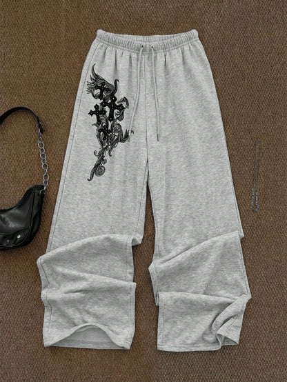Attitoon Women's Grey Winter Goth Date Sweatpants,Black Cross Floral Print Y2K Punk Casual Vintage Front Tie Loose Wide Leg Comfortable Warm Trousers