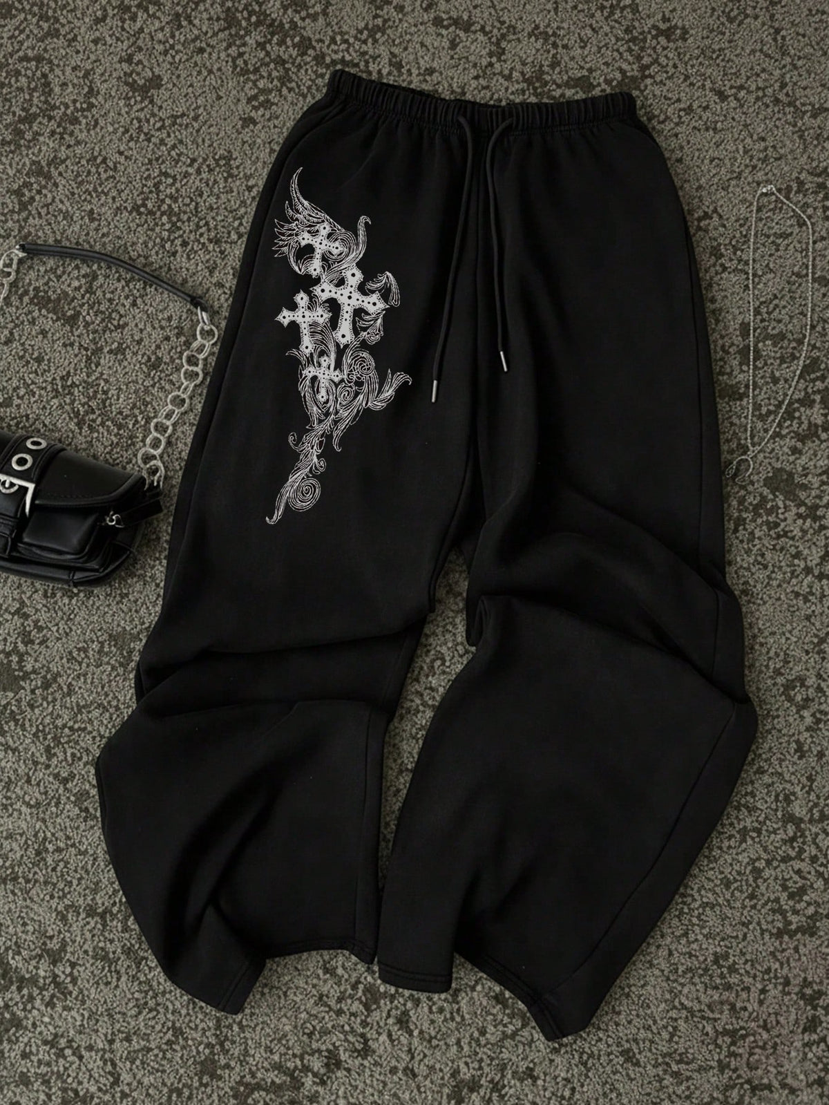 Attitoon Women's Grey Winter Goth Date Sweatpants,Black Cross Floral Print Y2K Punk Casual Vintage Front Tie Loose Wide Leg Comfortable Warm Trousers