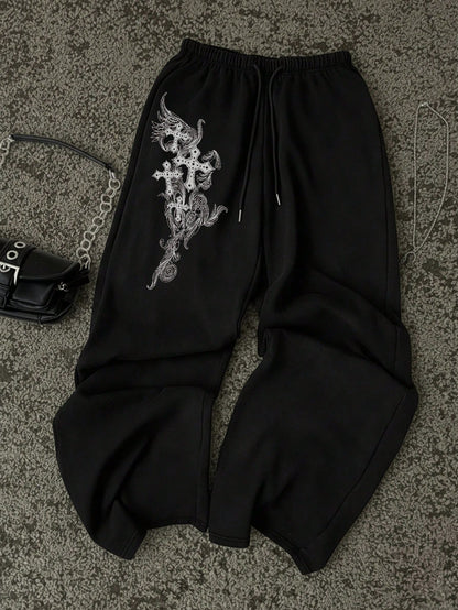 Attitoon Women's Grey Winter Goth Date Sweatpants,Black Cross Floral Print Y2K Punk Casual Vintage Front Tie Loose Wide Leg Comfortable Warm Trousers