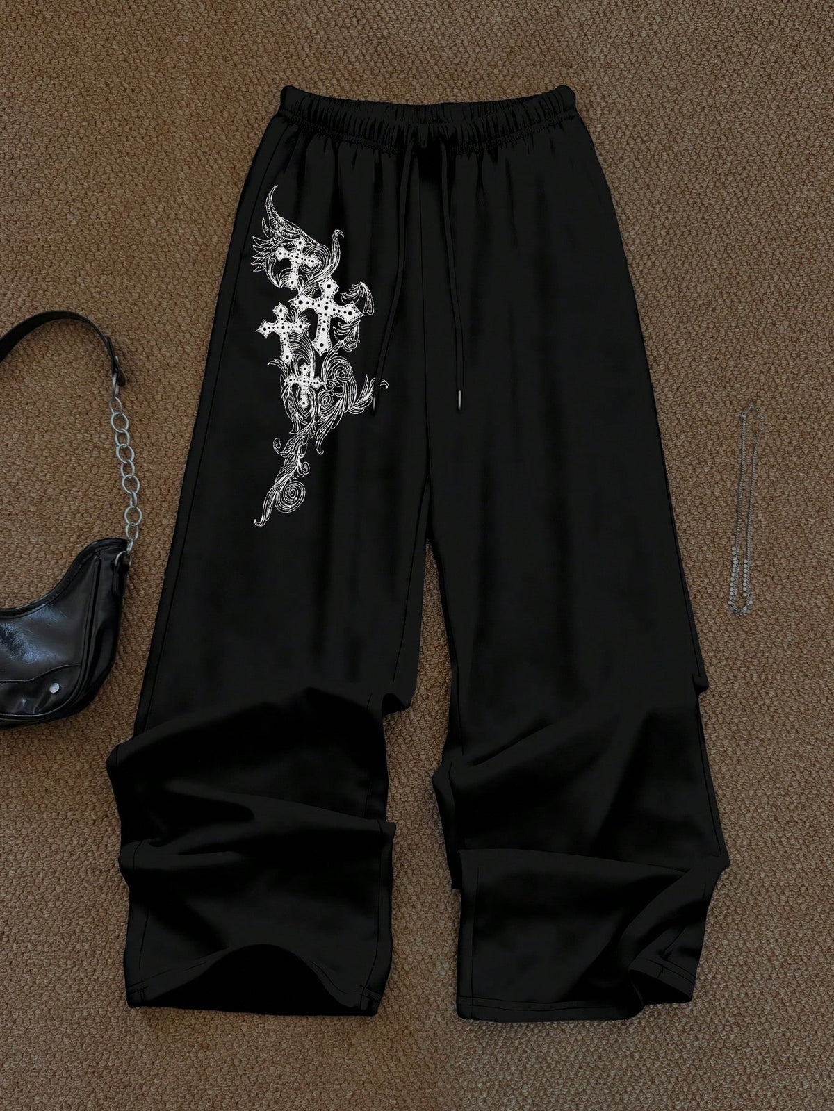 Attitoon Women's Grey Winter Goth Date Sweatpants,Black Cross Floral Print Y2K Punk Casual Vintage Front Tie Loose Wide Leg Comfortable Warm Trousers