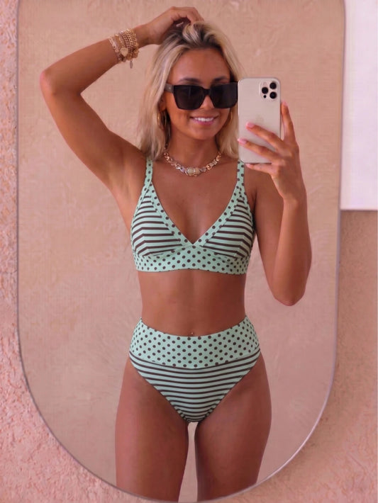August vacation Summer Elegant Women's Fashion Brown Polka Dot & Striped Print Tie-Front Sexy Bikini Two-Piece Swimsuit Vacation Beach