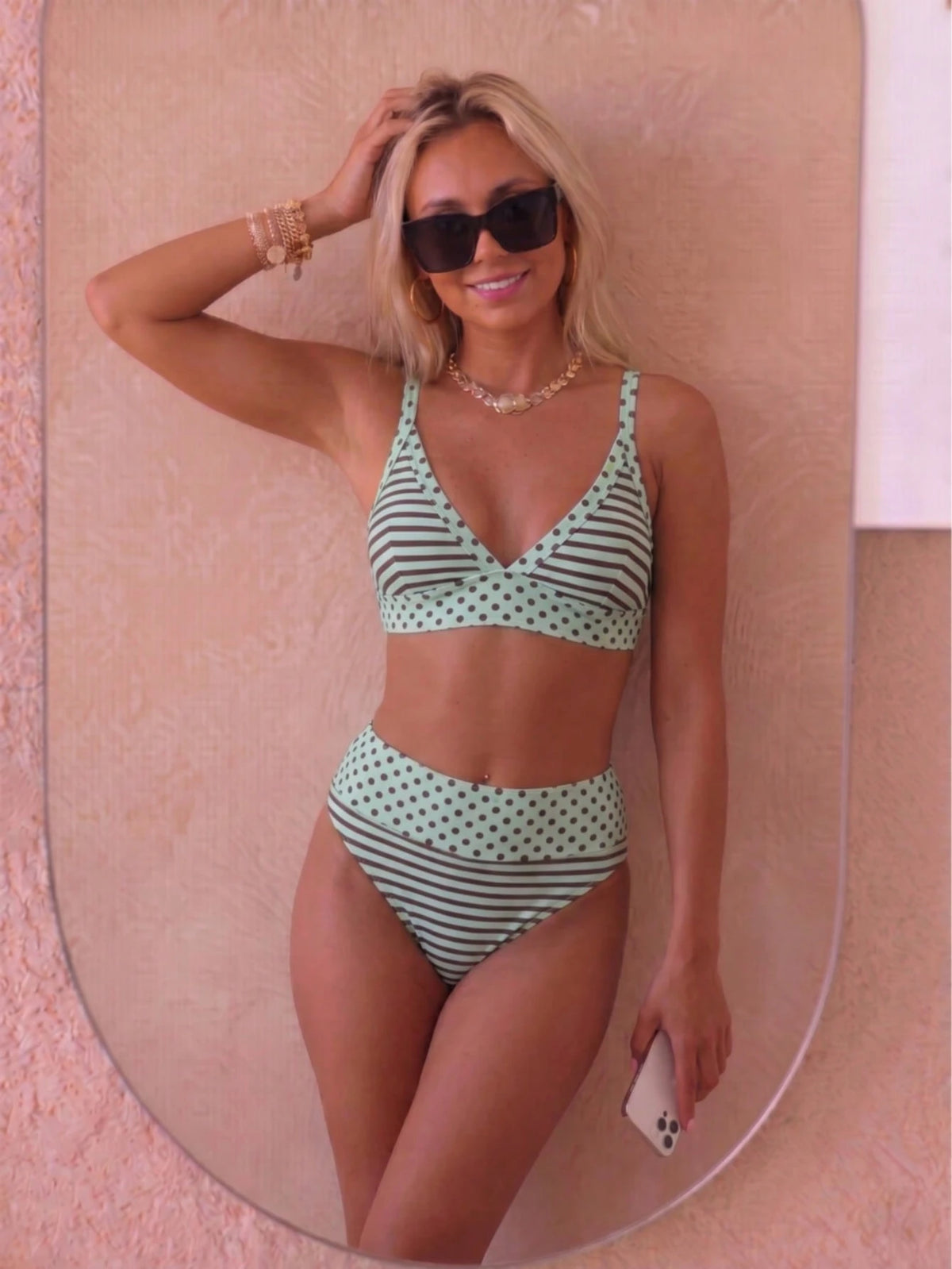 August vacation Summer Elegant Women's Fashion Brown Polka Dot & Striped Print Tie-Front Sexy Bikini Two-Piece Swimsuit Vacation Beach