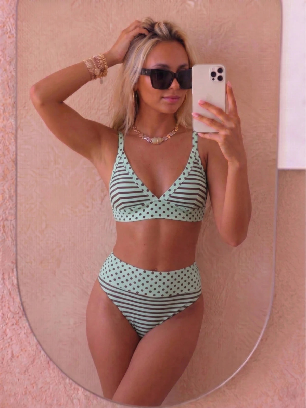 August vacation Summer Elegant Women's Fashion Brown Polka Dot & Striped Print Tie-Front Sexy Bikini Two-Piece Swimsuit Vacation Beach