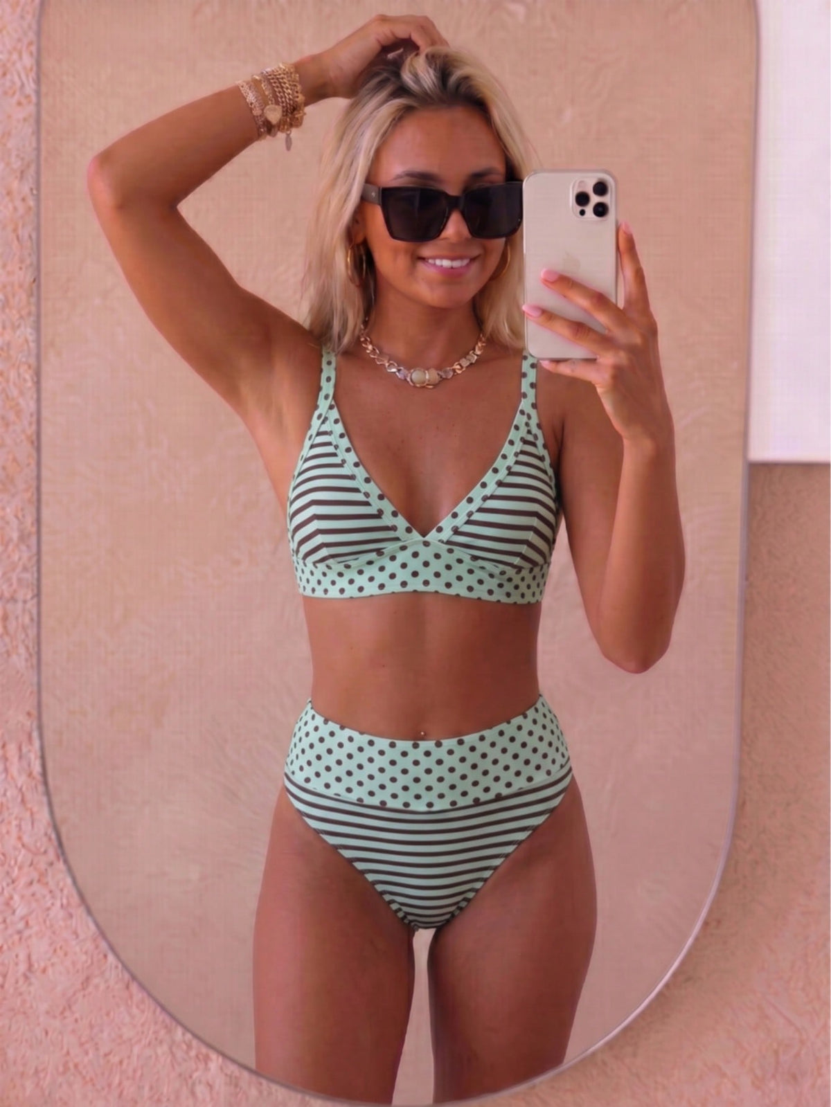 August vacation Summer Elegant Women's Fashion Brown Polka Dot & Striped Print Tie-Front Sexy Bikini Two-Piece Swimsuit Vacation Beach