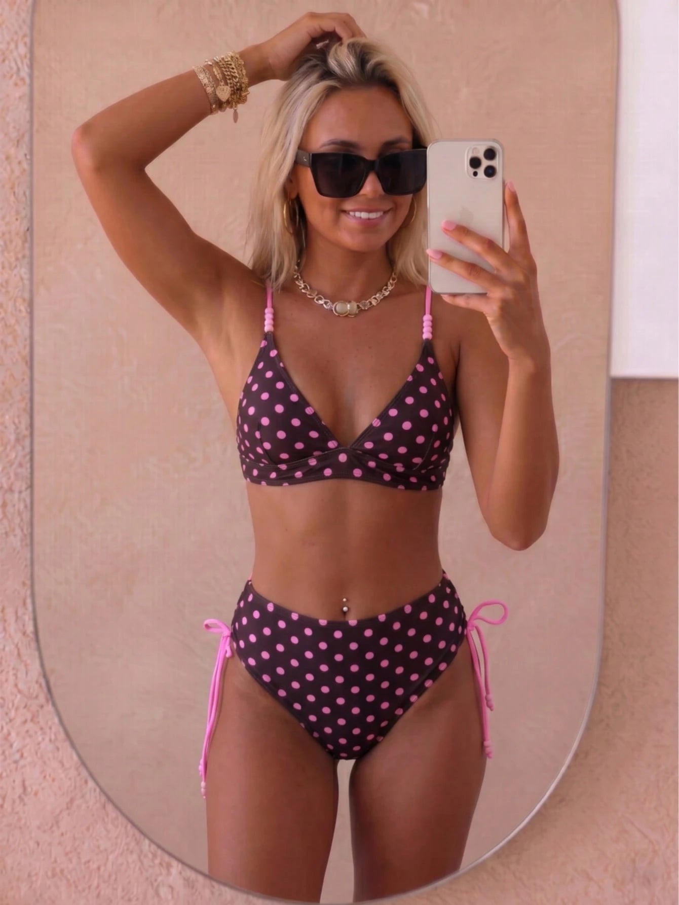 August vacation Summer Women's Fashion Cute Beaded Design Rose Red Polka Dot Print Sexy Bikini Two-Piece Swimsuit Random Print Beach Vacation Swimwear