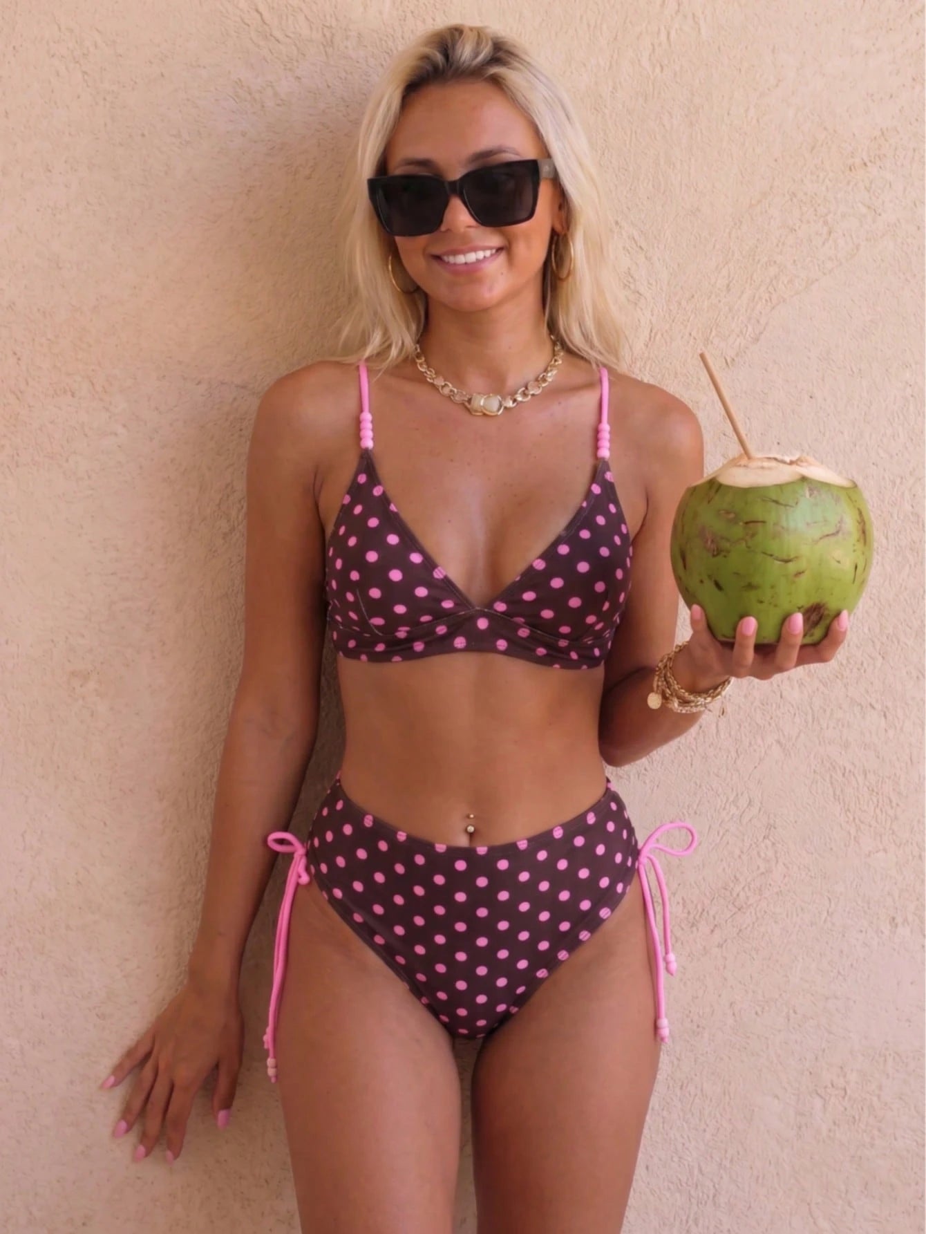 August vacation Summer Women's Fashion Cute Beaded Design Rose Red Polka Dot Print Sexy Bikini Two-Piece Swimsuit Random Print Beach Vacation Swimwear