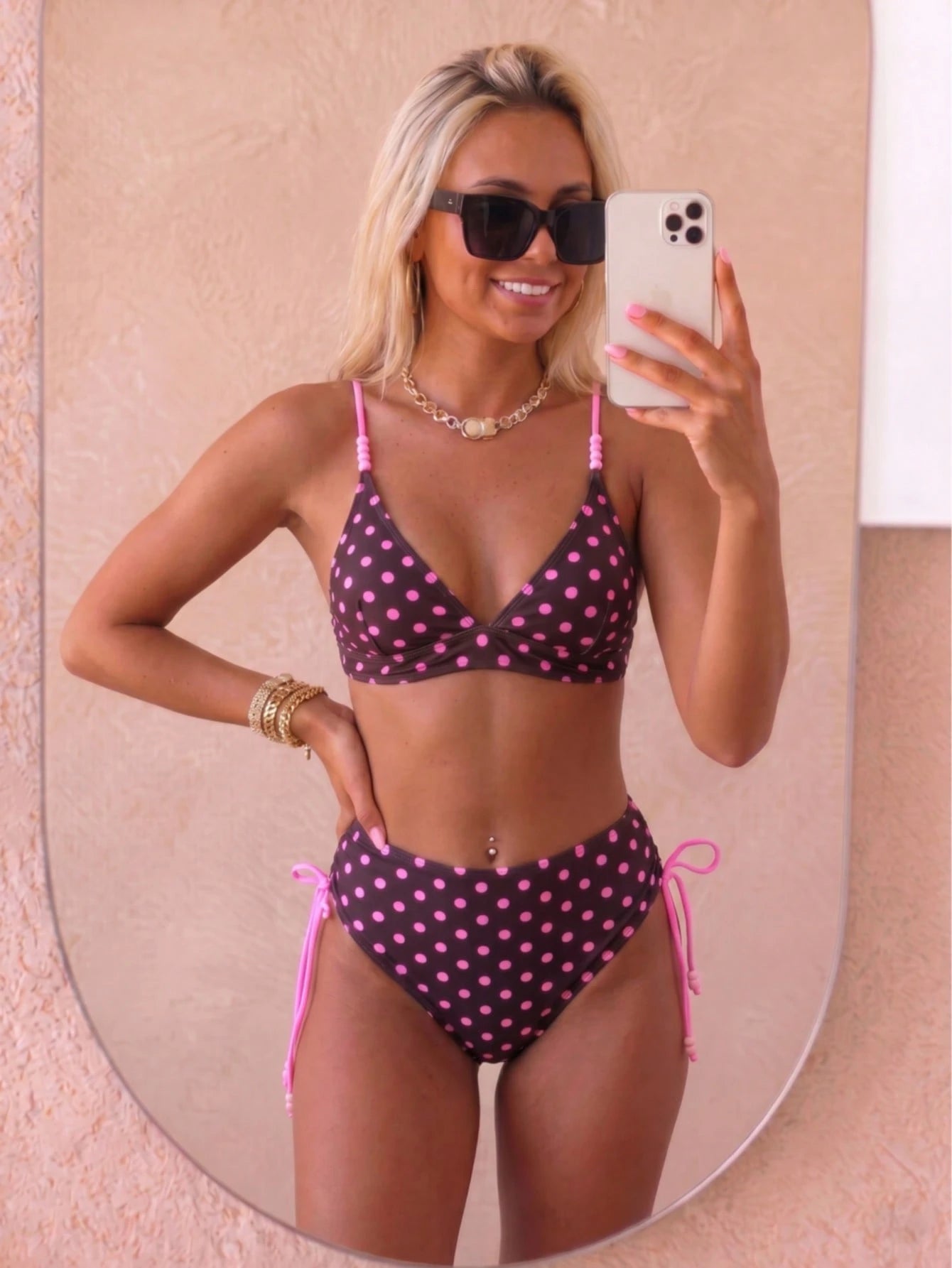 August vacation Summer Women's Fashion Cute Beaded Design Rose Red Polka Dot Print Sexy Bikini Two-Piece Swimsuit Random Print Beach Vacation Swimwear