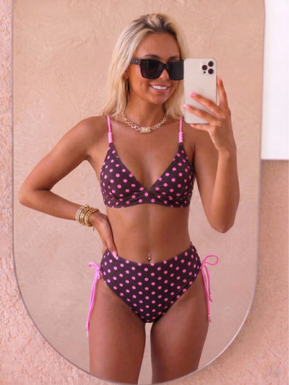 August vacation Summer Women's Fashion Cute Beaded Design Rose Red Polka Dot Print Sexy Bikini Two-Piece Swimsuit Random Print Beach Vacation Swimwear