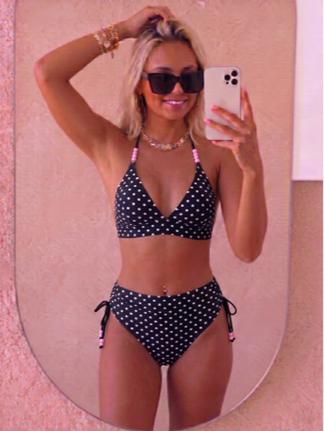 August vacation Summer Women's Fashion Cute Beaded Design Rose Red Polka Dot Print Sexy Bikini Two-Piece Swimsuit Random Print Beach Vacation Swimwear