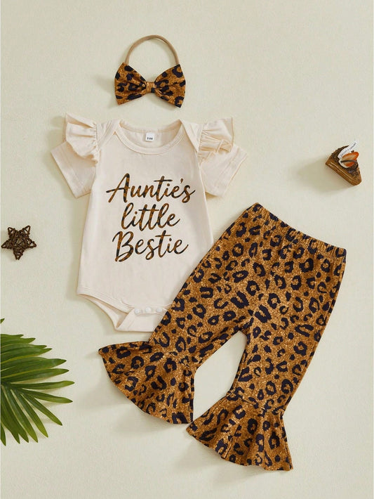 Aunties Bestie Baby Girl Clothes Aunt Saying Letter Embroidery Ruffle Romper Leopard Pant Headband 3Pcs Summer Outfit
