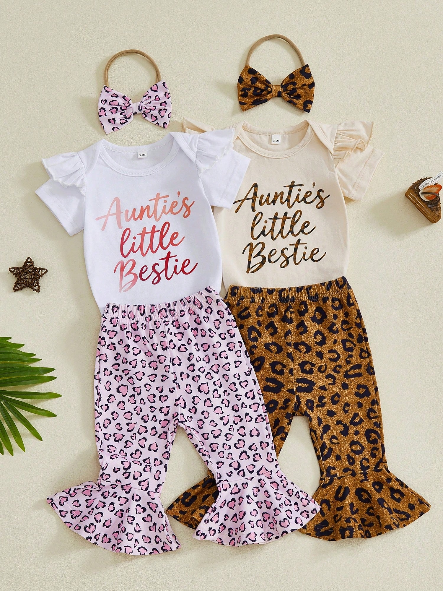 Aunties Bestie Baby Girl Clothes Aunt Saying Letter Embroidery Ruffle Romper Leopard Pant Headband 3Pcs Summer Outfit