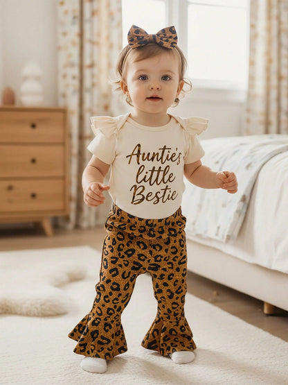 Aunties Bestie Baby Girl Clothes Aunt Saying Letter Embroidery Ruffle Romper Leopard Pant Headband 3Pcs Summer Outfit