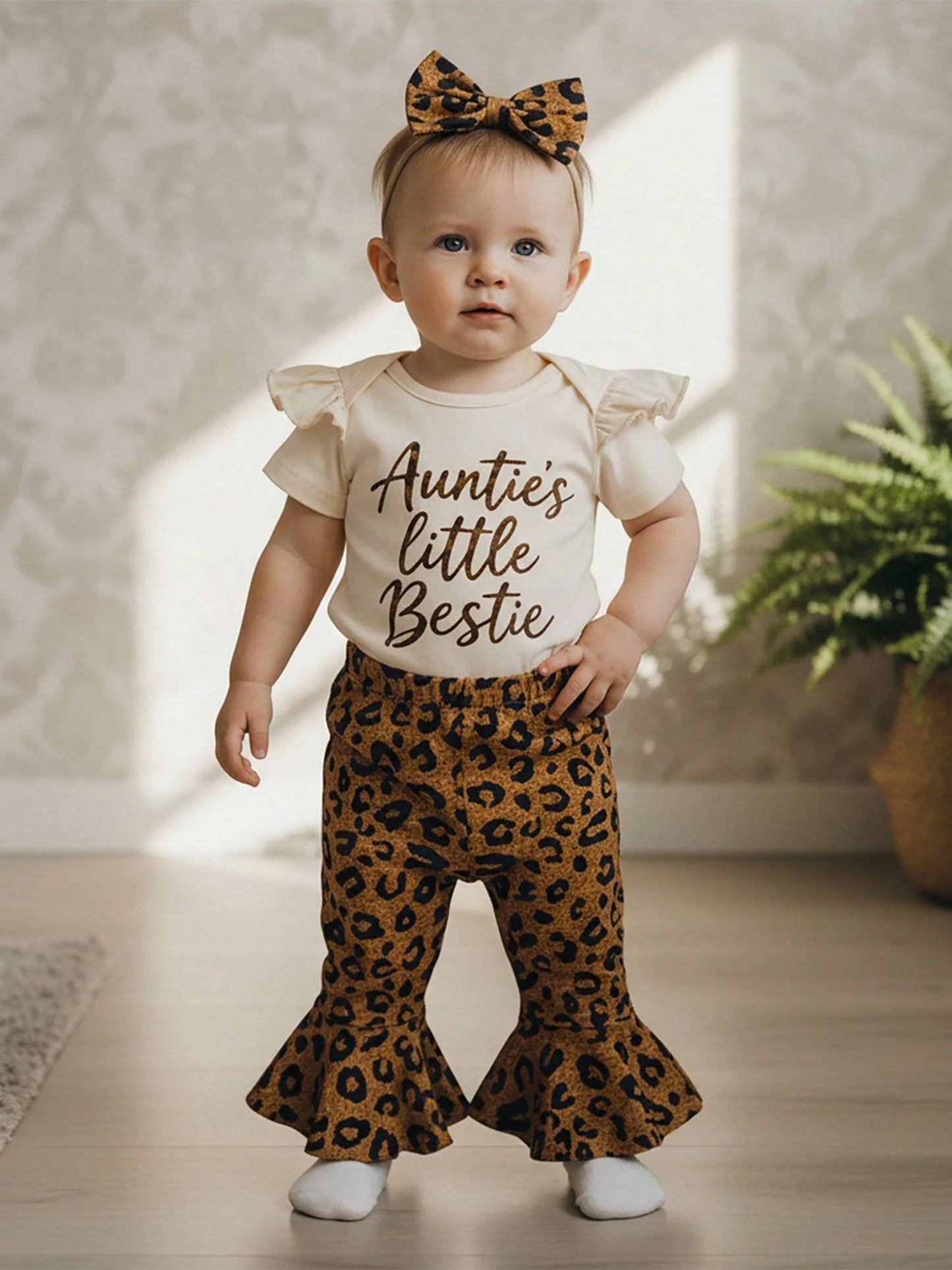 Aunties Bestie Baby Girl Clothes Aunt Saying Letter Embroidery Ruffle Romper Leopard Pant Headband 3Pcs Summer Outfit