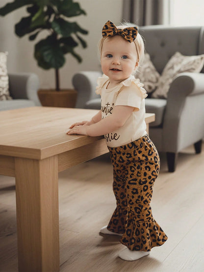 Aunties Bestie Baby Girl Clothes Aunt Saying Letter Embroidery Ruffle Romper Leopard Pant Headband 3Pcs Summer Outfit