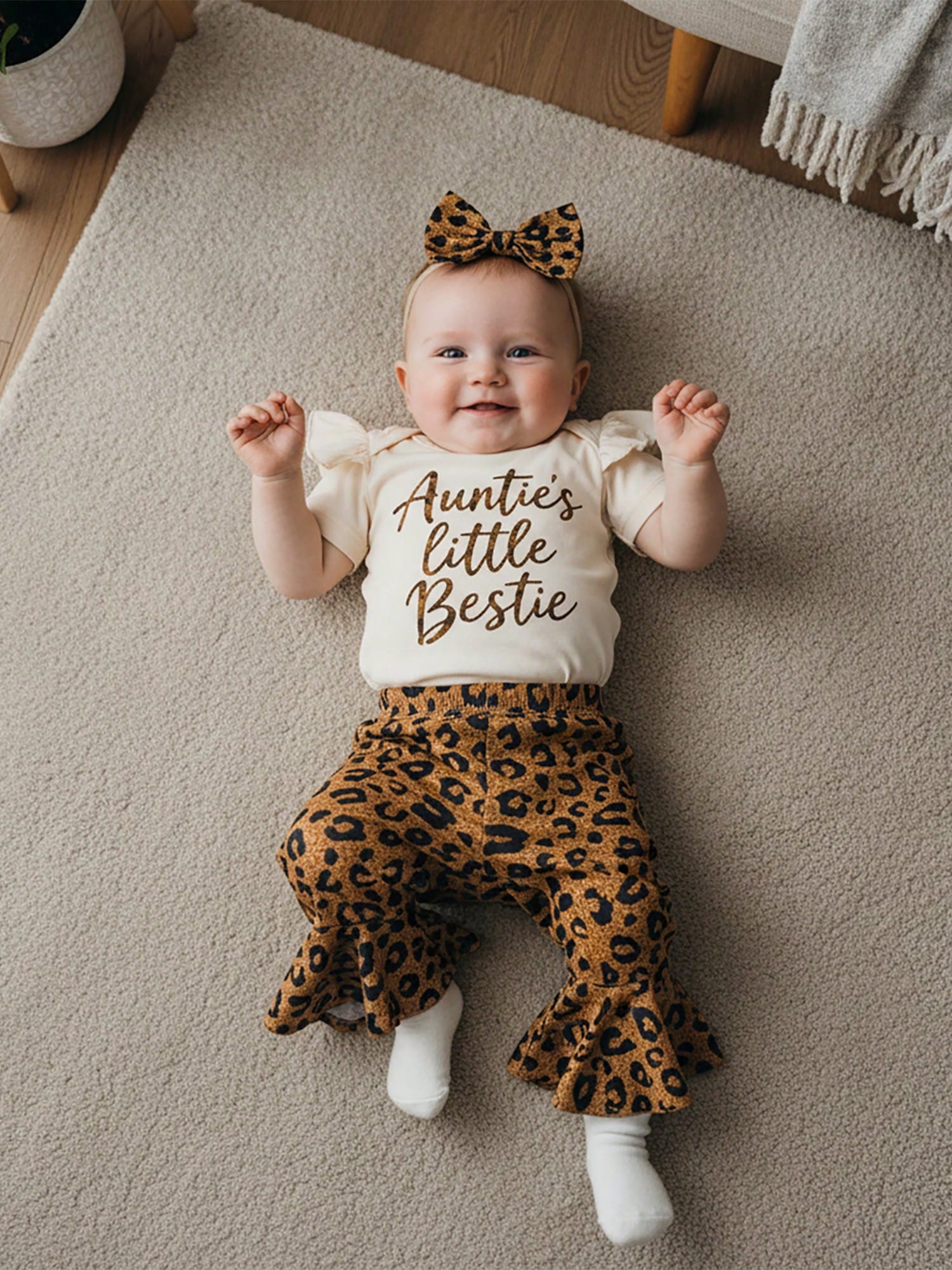 Aunties Bestie Baby Girl Clothes Aunt Saying Letter Embroidery Ruffle Romper Leopard Pant Headband 3Pcs Summer Outfit