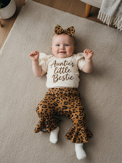 Aunties Bestie Baby Girl Clothes Aunt Saying Letter Embroidery Ruffle Romper Leopard Pant Headband 3Pcs Summer Outfit