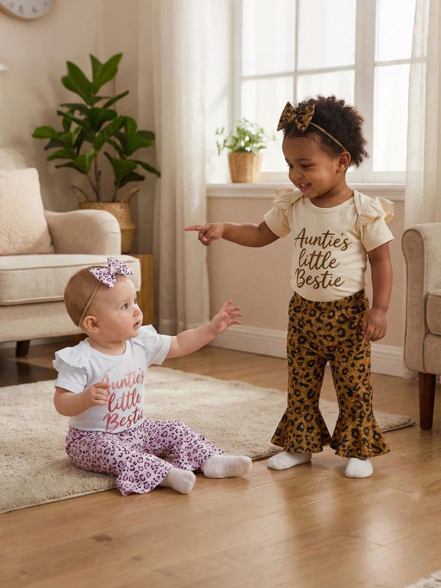 Aunties Bestie Baby Girl Clothes Aunt Saying Letter Embroidery Ruffle Romper Leopard Pant Headband 3Pcs Summer Outfit