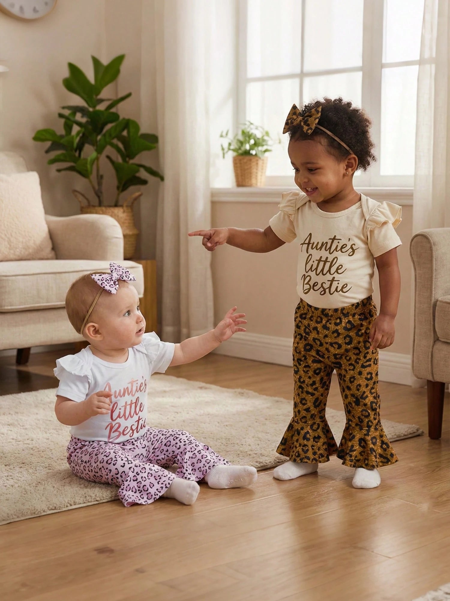 Aunties Bestie Baby Girl Clothes Aunt Saying Letter Embroidery Ruffle Romper Leopard Pant Headband 3Pcs Summer Outfit