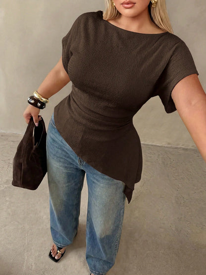 Auralis Plus Size Summer Casual Solid Color Asymmetrical Hem T-Shirt