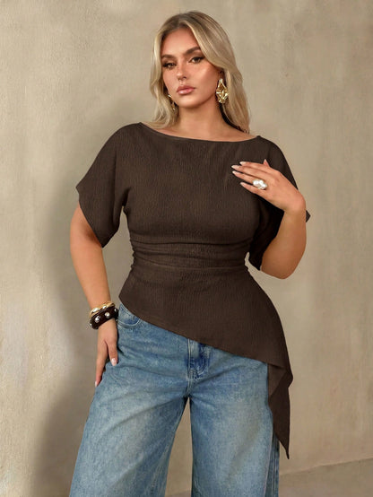 Auralis Plus Size Summer Casual Solid Color Asymmetrical Hem T-Shirt